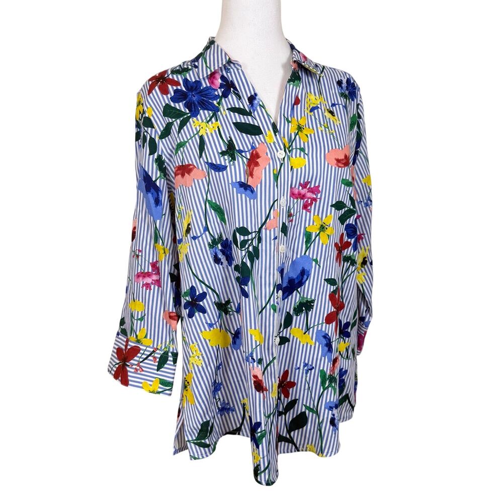 Foxcroft Floral Blue Stripe Button Down Shirt 3/4 Sleeve Feminine 12 Petite